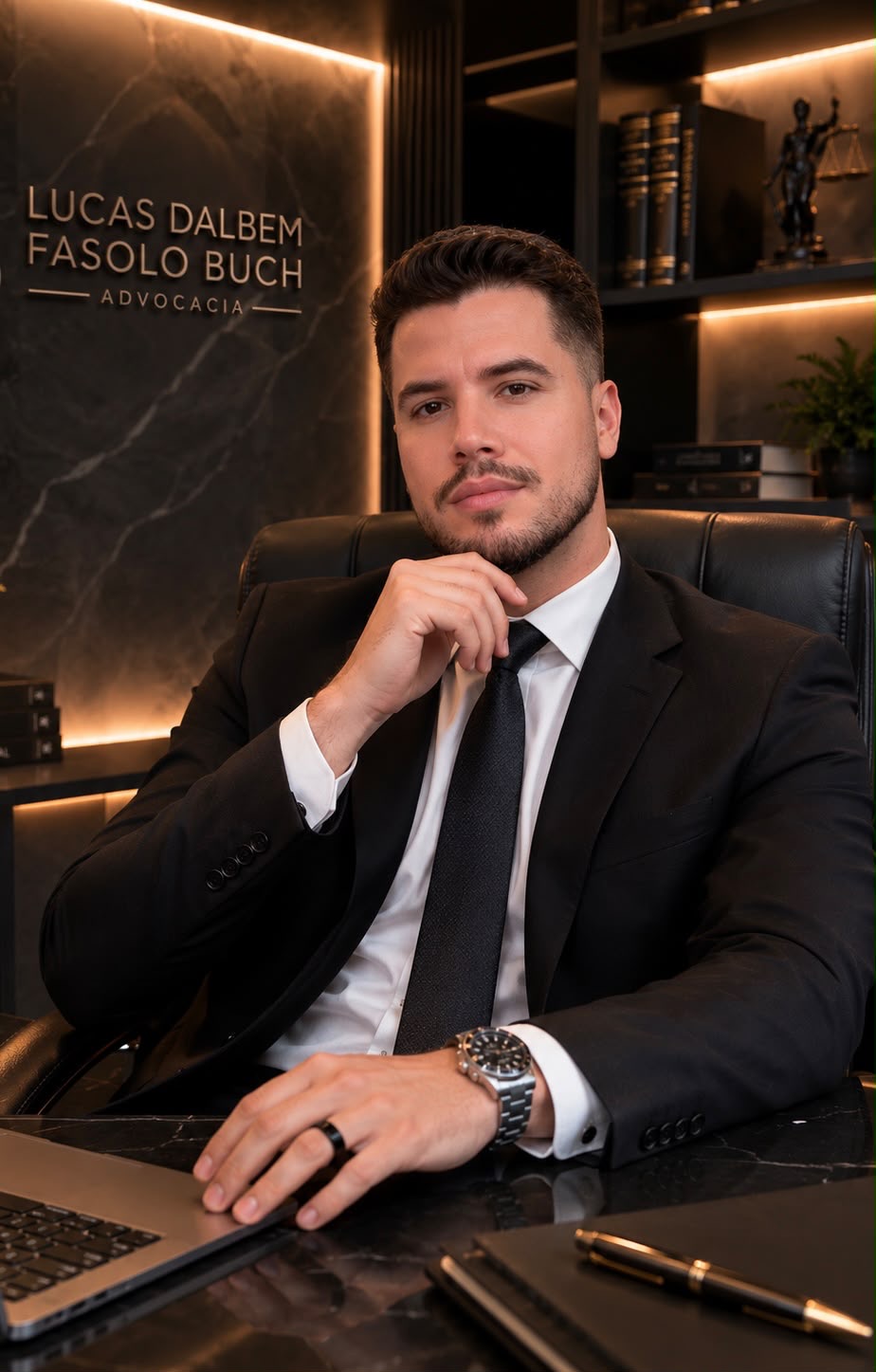 Lucas Dalbem Fasolo Buch atendendo em seu escritório